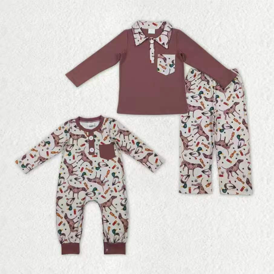 Sibling Baby Boys Dogs Ducks Calls Button Pockets Polo Pant Hunting Clothes Set Rompers