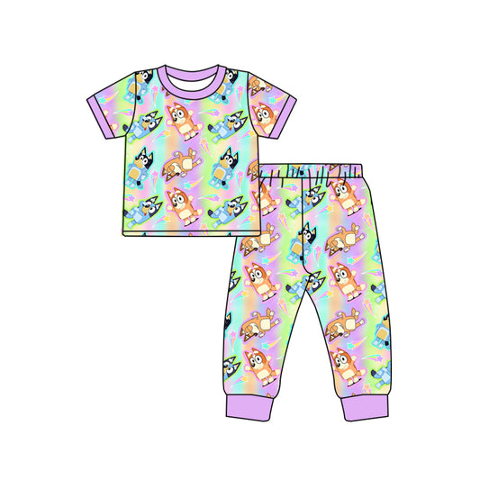 Baby Children Dogs Tie Dye Short Sleeve Tee Top Pants Pajamas Clothes Sets Preorder(moq 5)