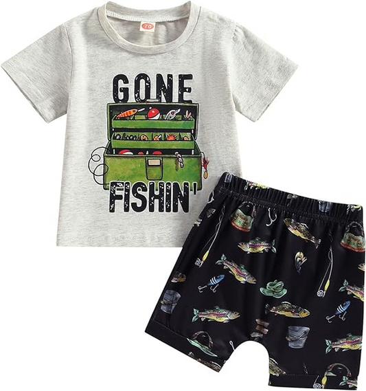 Baby Boys Gone Fishing Shirt Summer Shorts Clothes Sets preorder (moq 5)