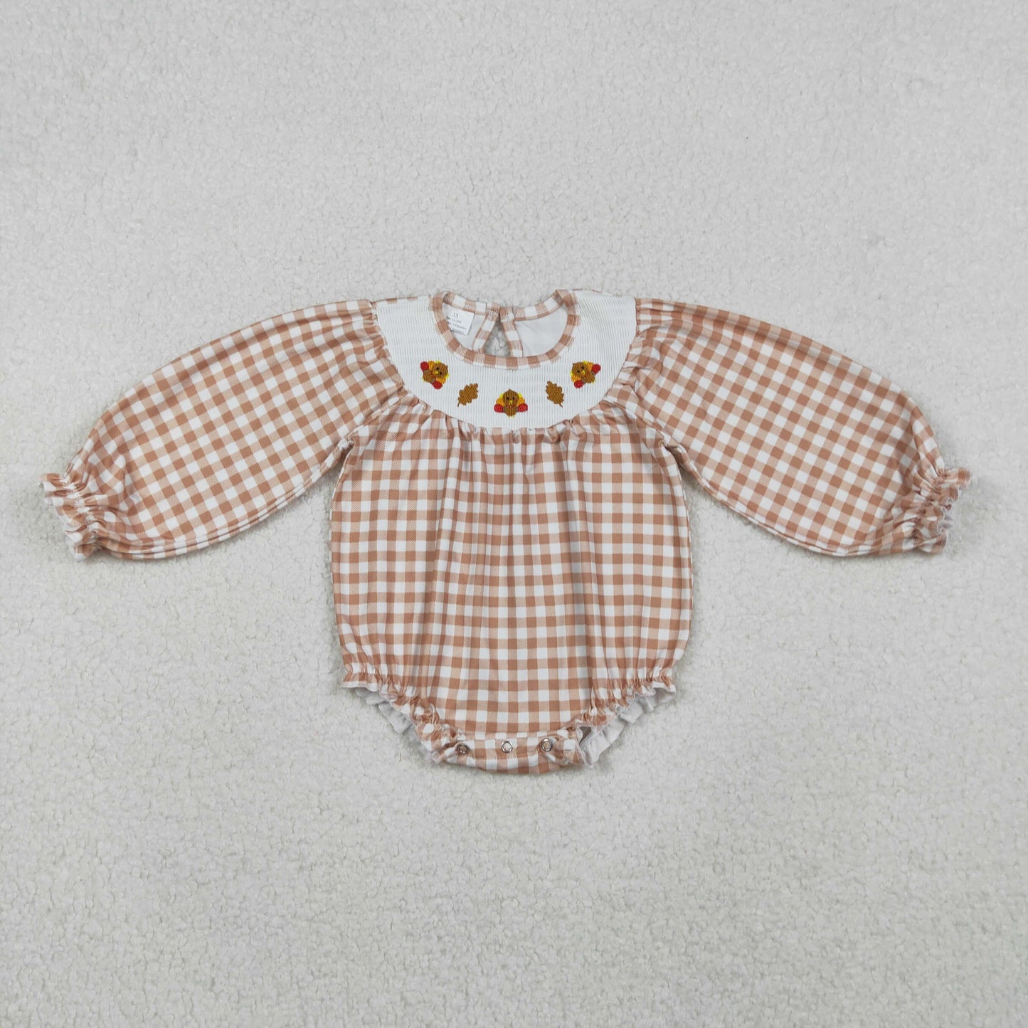 Smocked Turkey Leaves Baby Girls Khaki Checked Thanksgiving Ruffle Rompers