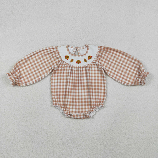 Smocked Turkey Leaves Baby Girls Khaki Checked Thanksgiving Ruffle Rompers