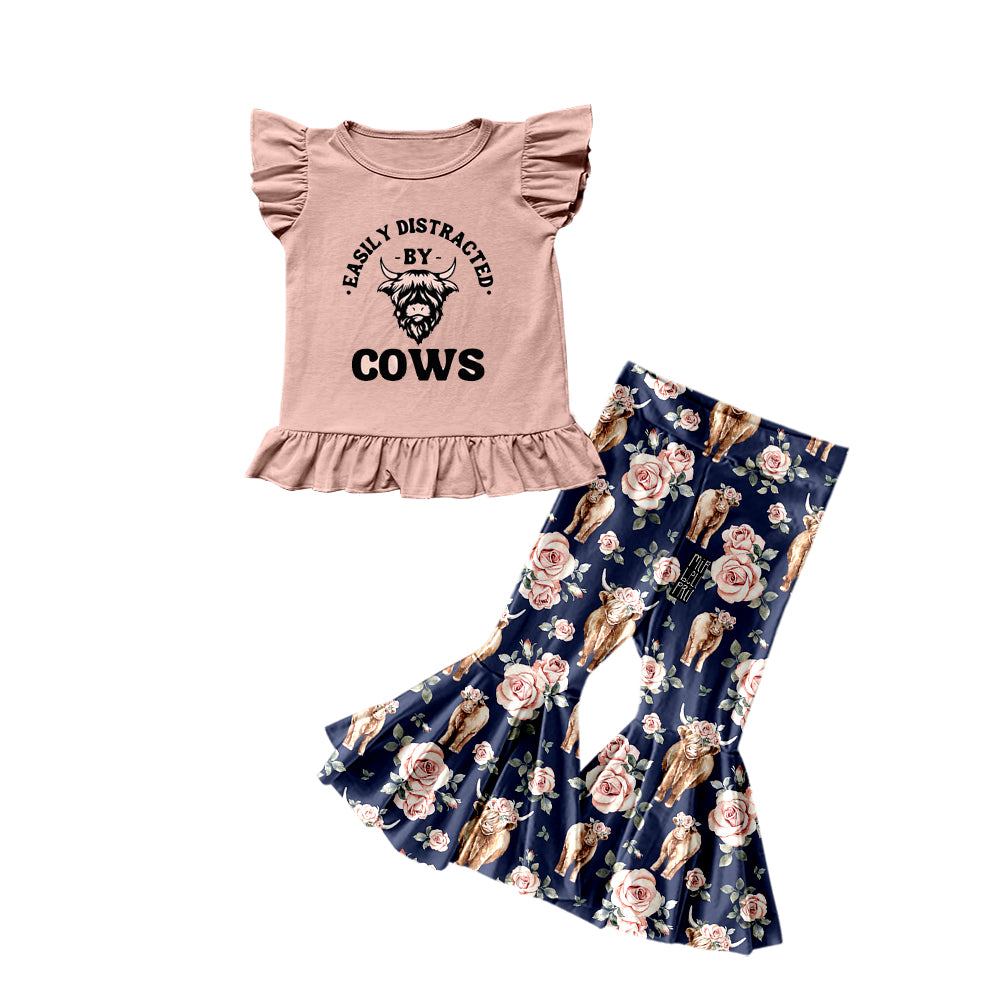 Preorder (moq 5)Baby Girls Western Highland Cows Pink Top Bell Pants Clothes Sets