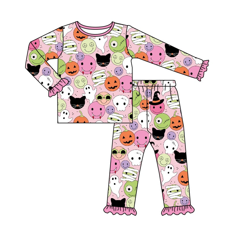 Baby Girls Pink Halloween Pumpkin Smile Shirt Pants Pajamas Outfits Sets Preorder(moq 5)