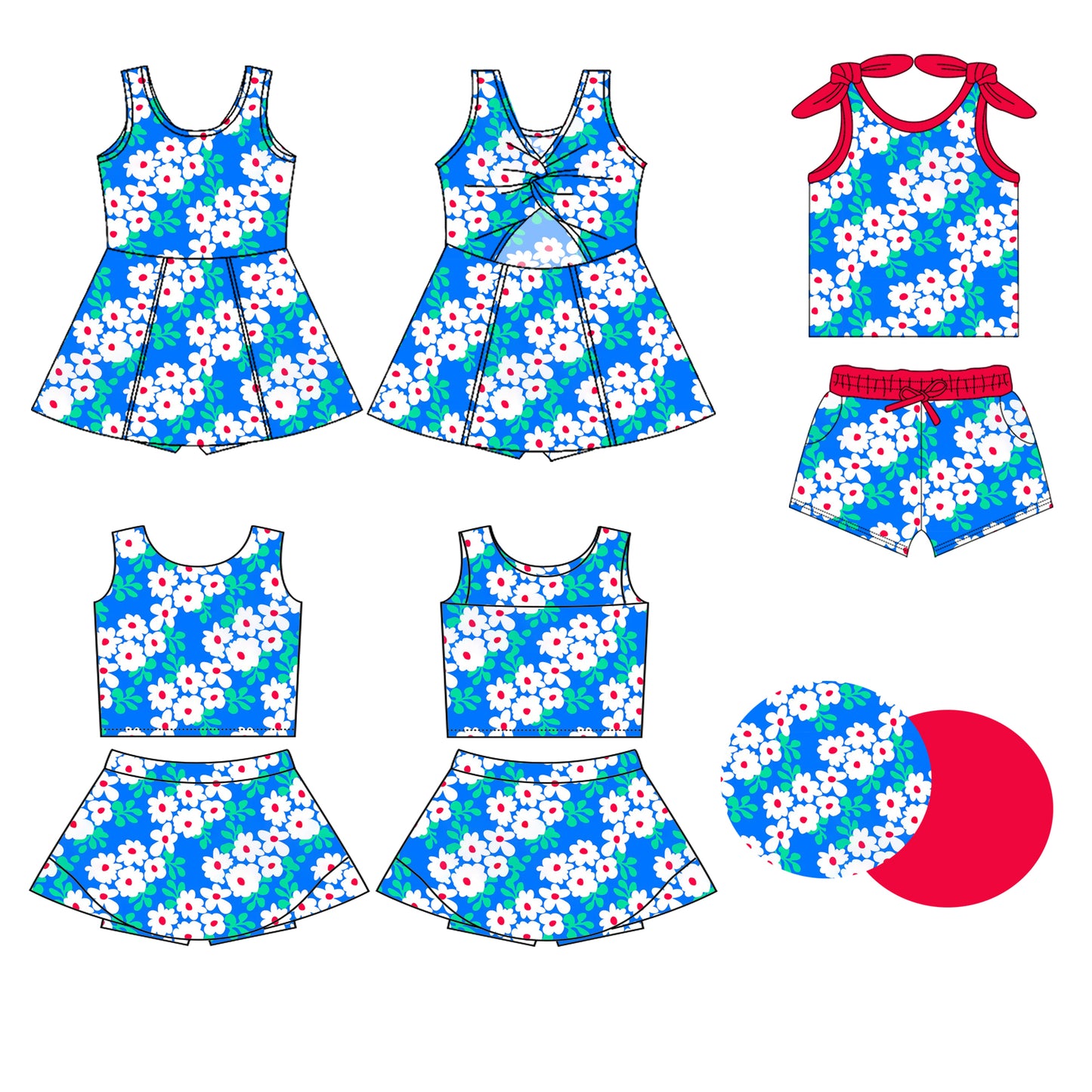 Preorder moq 5 Custom Baby Girls Blue Sleeveless Daisy Flowers Top Skort Set Knee Length Dress Pockets Short Set