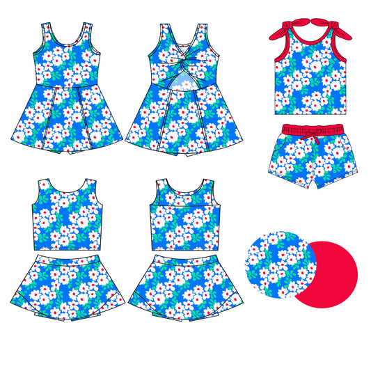 Preorder moq 5 Custom Baby Girls Blue Sleeveless Daisy Flowers Top Skort Set Knee Length Dress Pockets Short Set
