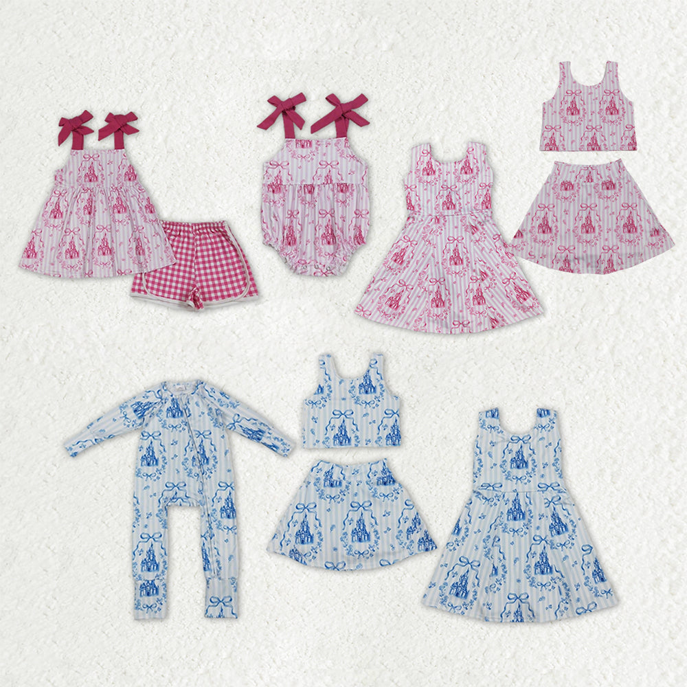 Sibling Baby Girls Castles Bows Clothes Sets Knee Length Dress Rompers