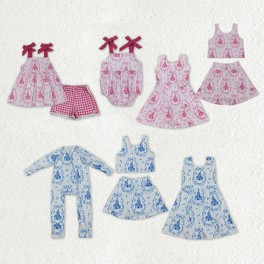 Sibling Baby Girls Castles Bows Clothes Sets Knee Length Dress Rompers