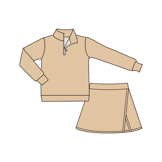Preorder (moq 5)Baby Girls Khaki Long Sleeves Zipper Pullover Skort Set