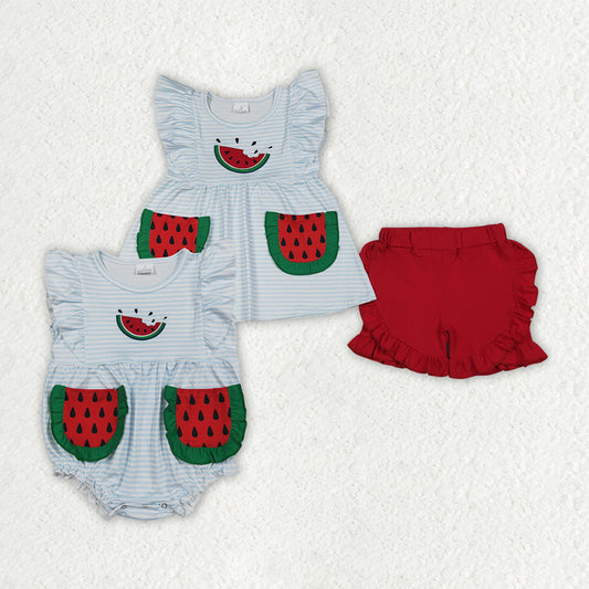Sibling Baby Girls Embroidery Watermelons Pockets Tunic Ruffle Short Clothes Set Rompers
