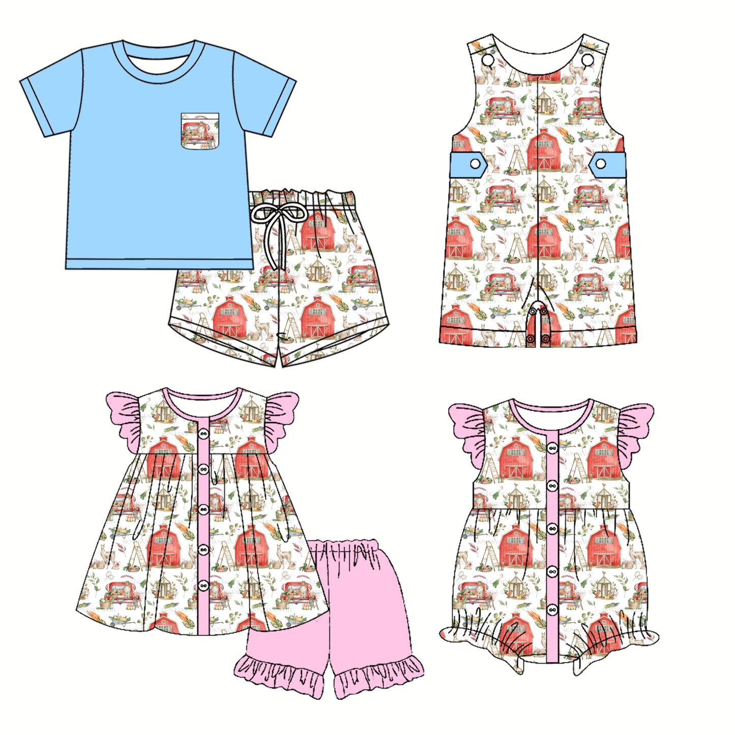 Preorder moq 5 Custom Baby Kids Short Sleeves Button Pocket Houses Chicks Top Short Farm Set Knee Length Dress Rompers