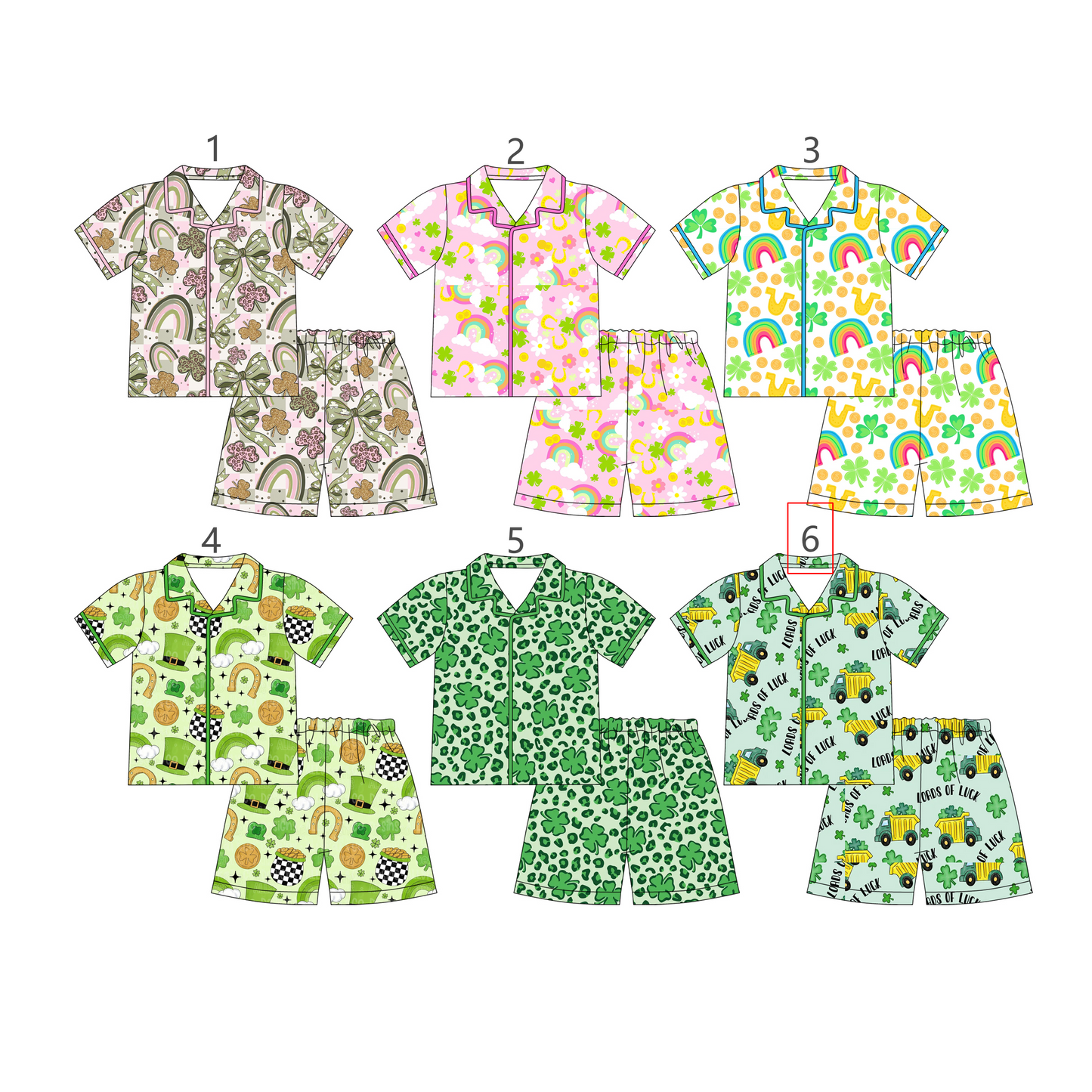 Preorder moq 5 (each item)Baby Girls Short Sleeve Clovers Rainbows Button Top Shorts St Patrick Pajamas Sets