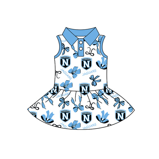 Preorder (moq 5)Baby Girls Sleeveless Blue Bows Jaguars N Button Team Knee Length Dresses