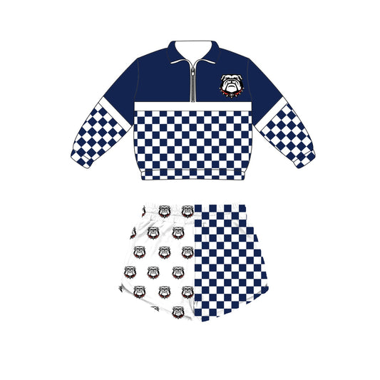 Preorder (moq 5)Baby Boys Blue Checked Zip Bulldogs Pullovers Top Short Team Clothes Set