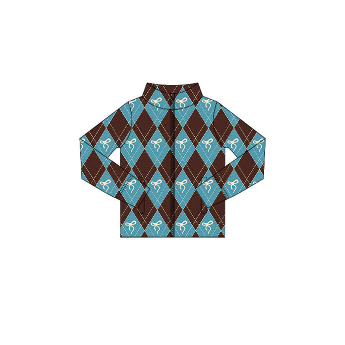 Preorder(moq 5) Baby Girls Brown Blue Checked Bows Zipper Pockets Jackets Top