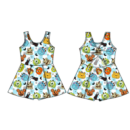 Preorder (moq 5)Baby Girls Sleeveless Cartoon Pumpkins Plaid Shorts Knee Length Dresses