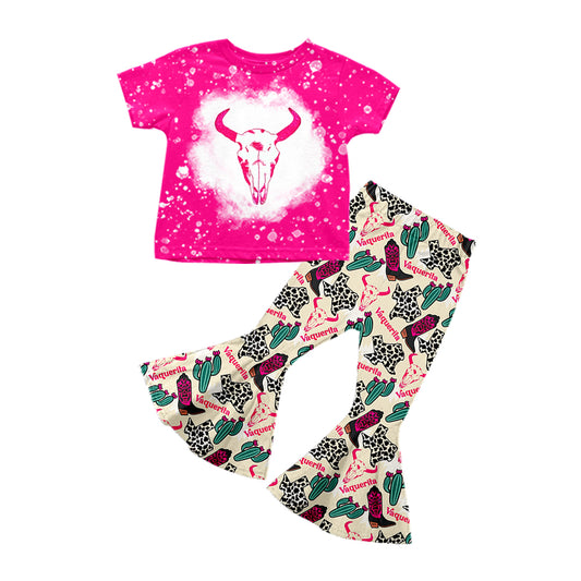 Preorder (moq 5)Baby Girls Hot Pink Short Sleeves Bull Skull Top Cactus Bell Bottom Pant Set