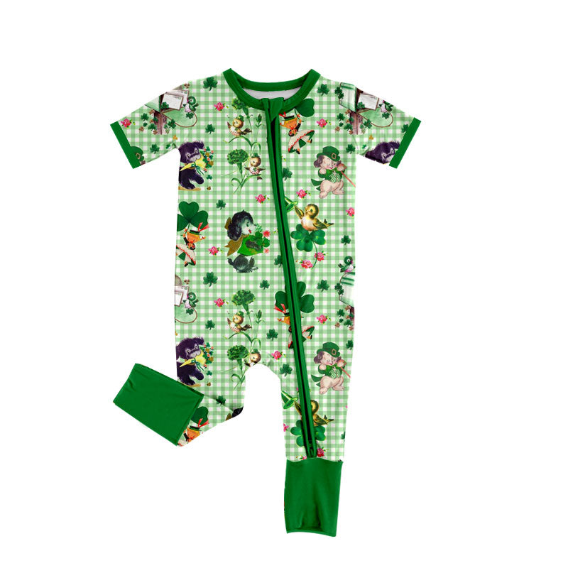 Preorder (moq 5) Baby Girl Clothes Vintage St Patrick Cartoon Gingham Print Short Sleeve Zipper Romper