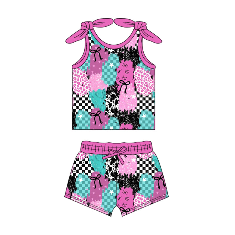 Preorder (moq 5)Baby Girls Pink Leopard Patchwork Print Summer Shirt Top Shorts Clothes Sets