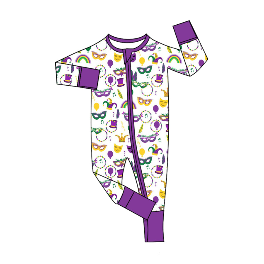 Preorder (moq 5) Baby Girl Clothes Mardi Gras Diamond Mask Print Long Sleeve Zipper Romper Pajama