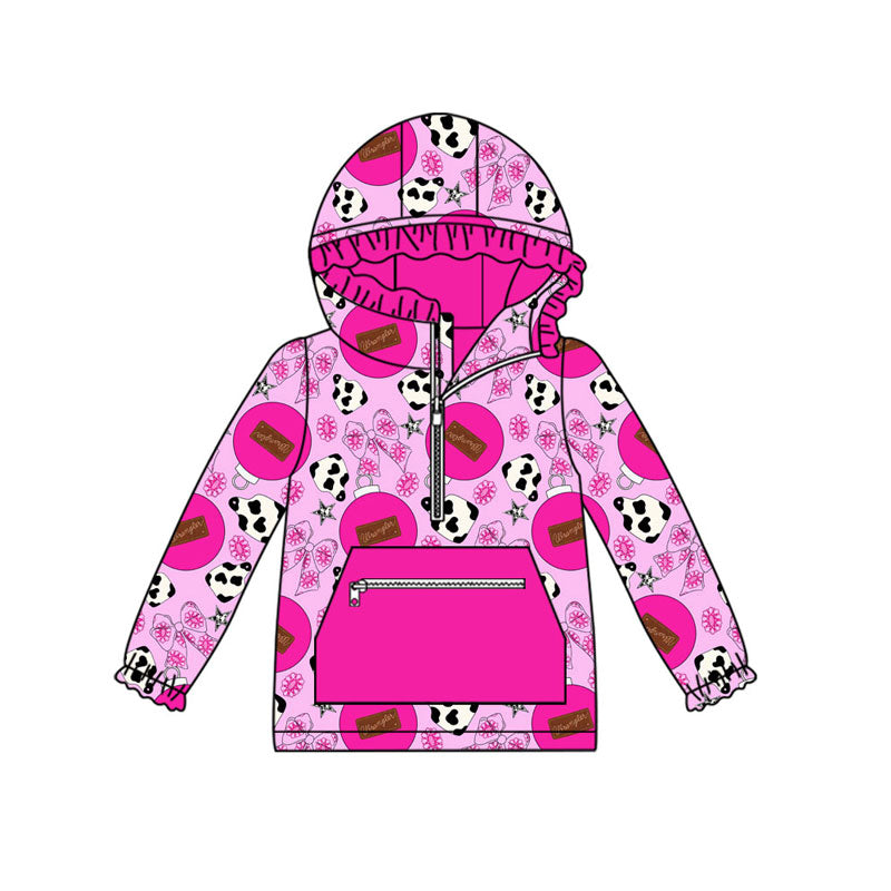 Preorder(moq 5)Baby Girls Western Cow Print Flowers Bows Pockets Zipper Hoodie Tops