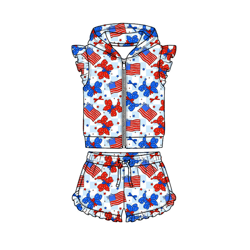 Preorder (moq 5)Baby Girls Dogs Bows Hoodie Zip Jacket Ruffle Short 4th of July Clothes Sets