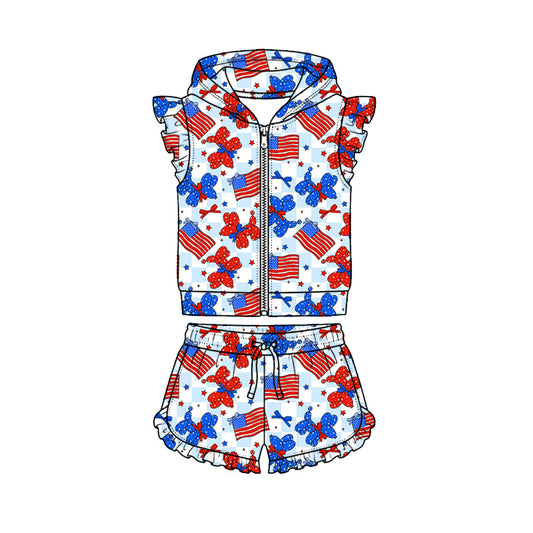 Preorder (moq 5)Baby Girls Dogs Bows Hoodie Zip Jacket Ruffle Short 4th of July Clothes Sets