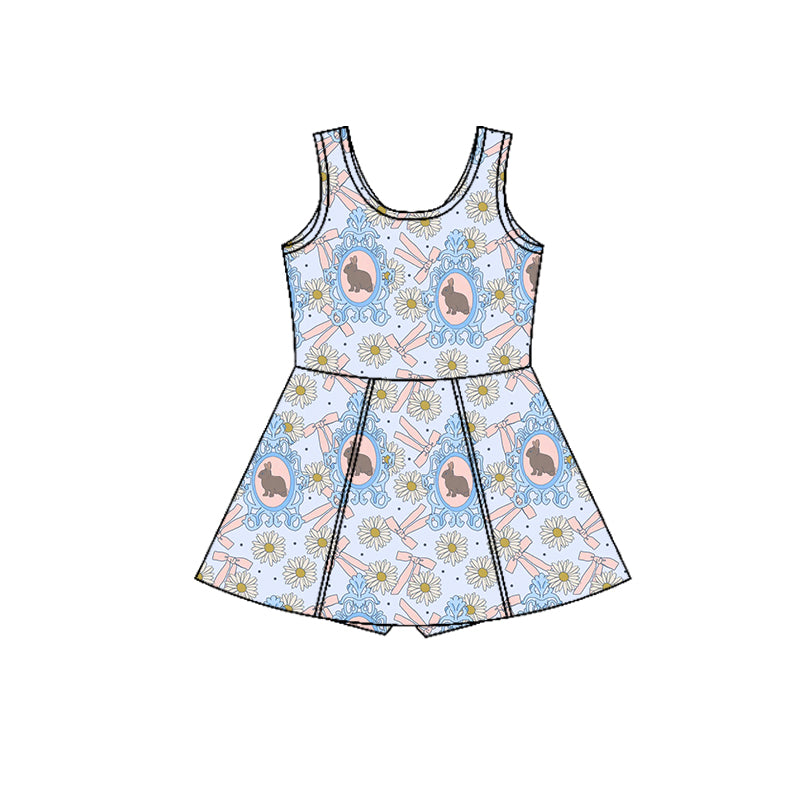 Preorder (moq 5)Baby Girls Sleeveless Flowers Rabbits Shorts Easter Knee Length Dresses