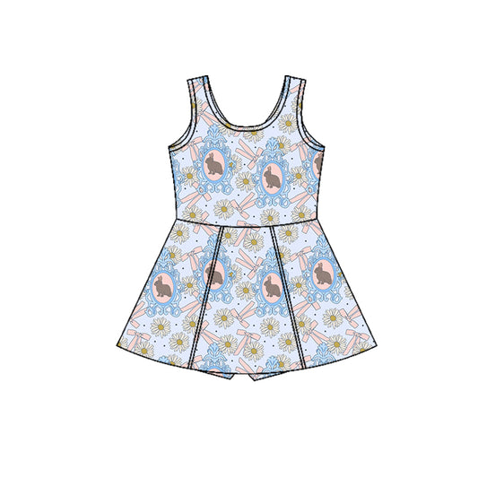 Preorder (moq 5)Baby Girls Sleeveless Flowers Rabbits Shorts Easter Knee Length Dresses