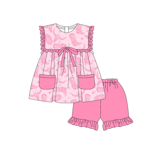 Preorder (moq 5)Baby Girls Pink Sleeveless Chicks Boots Bull Skulls Pockets Tunic Ruffle Shorts Set