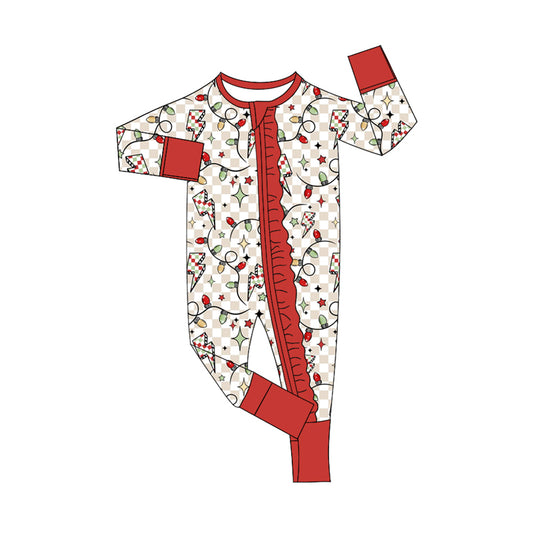 Preorder (moq 5)Baby Girls Red Plaid Long Sleeves Lights Zipper Rompers
