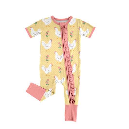 Preorder (moq 5) Baby Girl Clothes Farm Chicken Floral Polka Dot Print Short Sleeve Zipper Romper