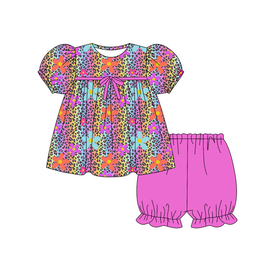 Preorder (moq 5)Baby Girls Short Ruffle Sleeves Colorful Leopard Flowers Tunic Shorts Set