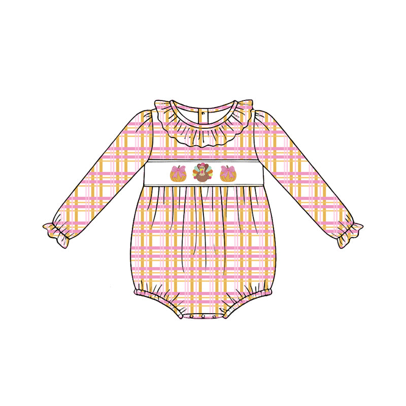 Preorder (moq 5)Baby Girls Turkey Pumpkins Pink Checked Thanksgiving Ruffle Rompers