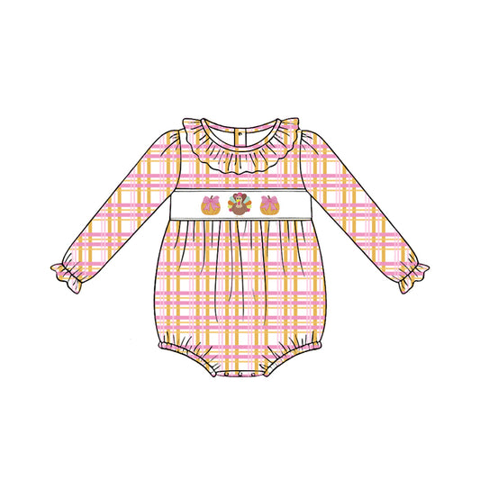 Preorder (moq 5)Baby Girls Turkey Pumpkins Pink Checked Thanksgiving Ruffle Rompers