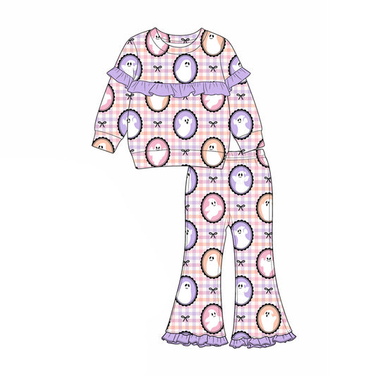 Preorder (moq 5)Baby Girls Bows Ghost Checked Top Flare Pant Halloween Clothes Set
