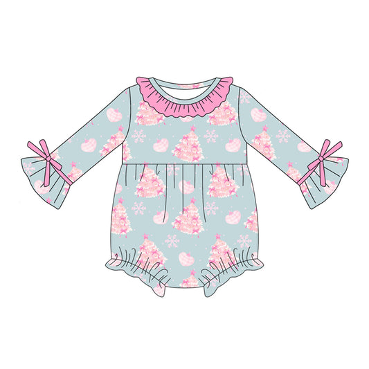 Preorder (moq 5)Baby Girls Blue Long Sleeves Snowflake Trees Ruffle Rompers