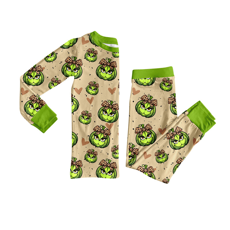 Preorder(moq 5) Baby Girls Long Sleeves Green Face Pumpkins Plaid Top Pants Pajamas Set