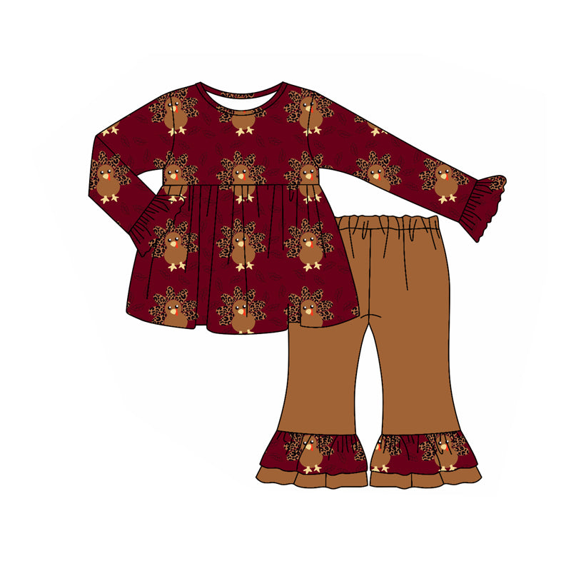 Preorder (moq 5)Baby Girls Long Ruffle Sleeves Leopard Turkey Tunic Flare Pants Set