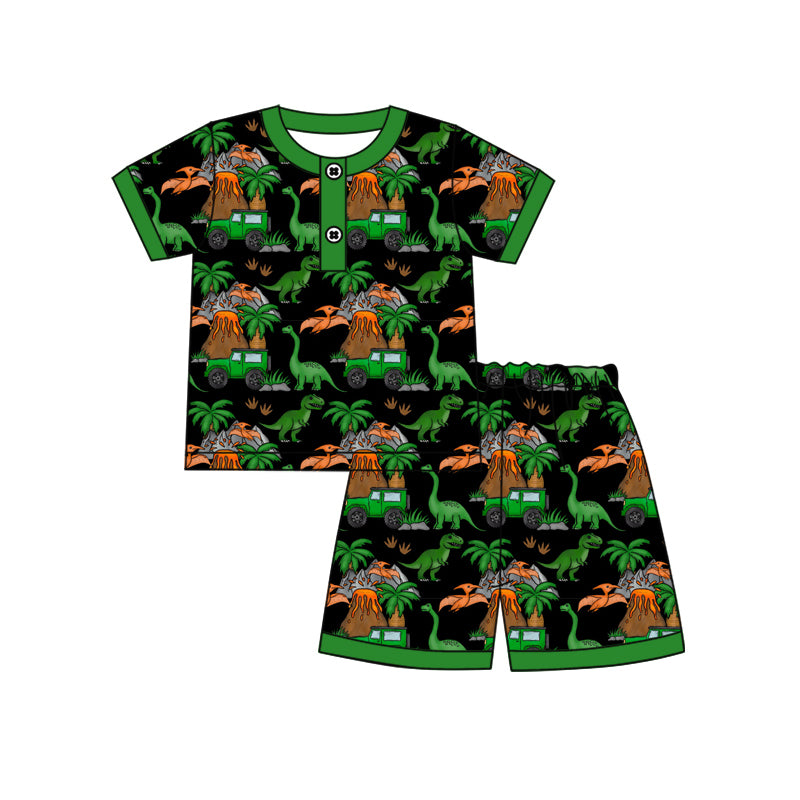 Preorder moq 5 Baby Boys Short Sleeves Green Dinosaurs Button Top Short Pajamas Set