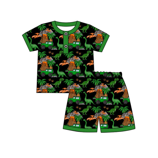 Preorder moq 5 Baby Boys Short Sleeves Green Dinosaurs Button Top Short Pajamas Set