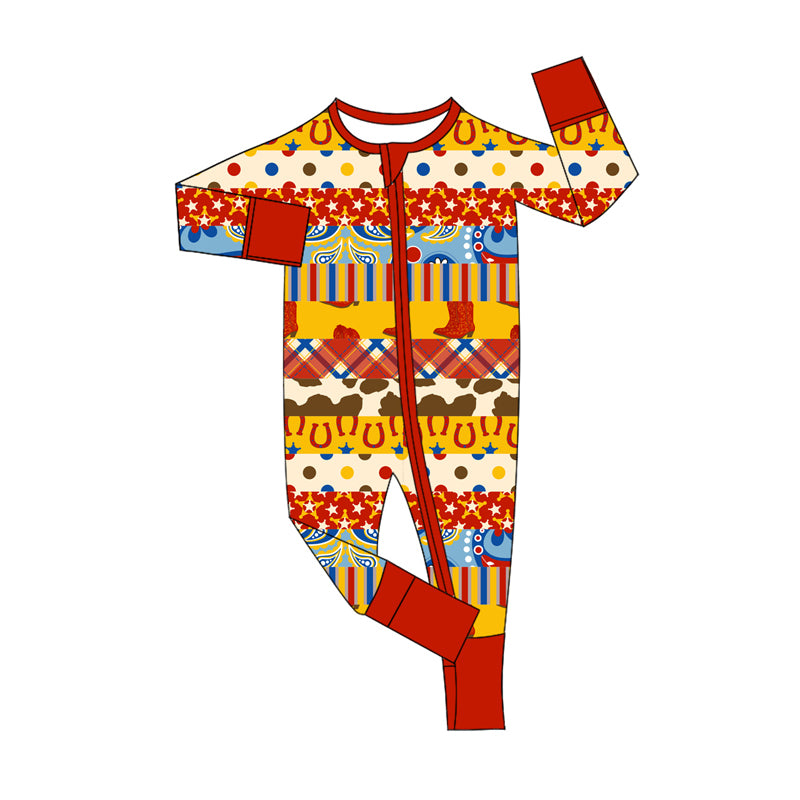 Preorder (moq 5)Baby Girls Red Long Sleeves Horse Shoes Aztec Stripes Zipper Rompers