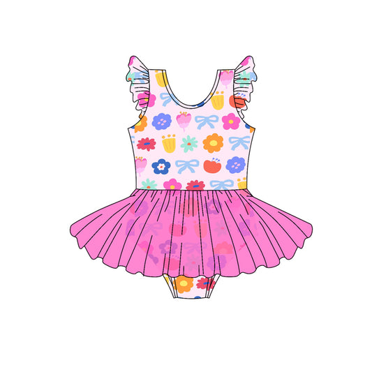 Preorder (moq 5)Baby Girls Pink Flutter Sleeves Colorful Flowers Bows Tulle Rompers