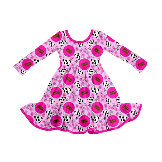 Preorder (moq 5)Baby Girls Hot Pink Cow Print Flowers Bows Western Ruffle Knee Length Dress