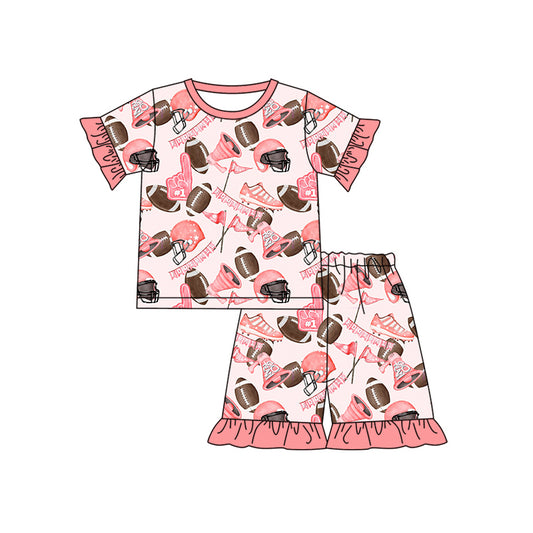 Preorder (moq 5)Baby Girls Pink Short Ruffle Sleeves Footballs Flags Top Short Pajamas Set