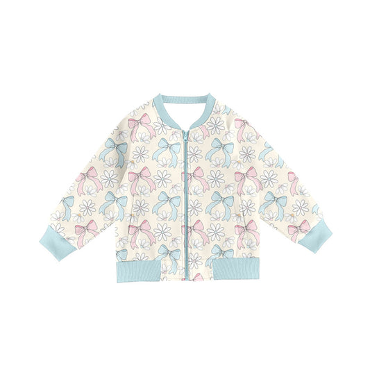 Preorder(moq 8)Baby Girls Long Sleeve Pink Blue Bows Flowers Pockets Zip Jackets Top