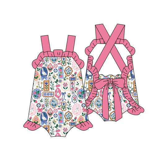 Preorder (moq 5)Baby Girls Strap Flowers Gooses Back Bow Ruffle Rompers