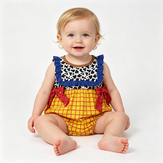 Baby Girls Sleeveless Cow Print Yellow Checked Ruffle Rompers