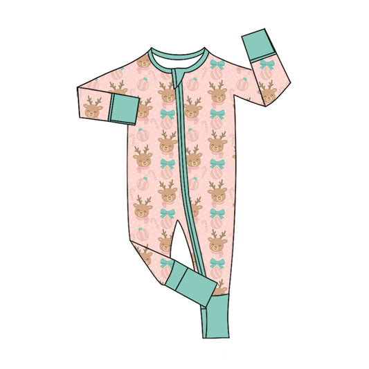 Preorder (moq 5)Baby Girls Candy Cane Deer Christmas Two Way Zip Convertible Rompers