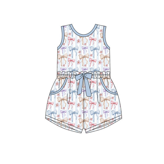 Preorder(moq 5) Baby Girls Sleeveless Colorful Bows Stripe Pockets Shorts Jumpsuits