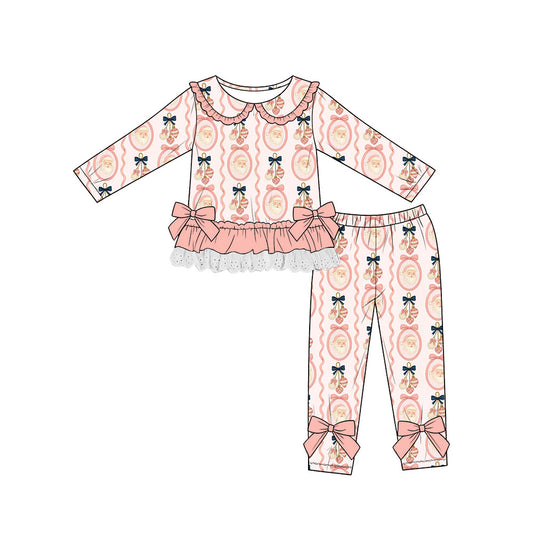 Preorder (moq 5)Baby Girls Bows Santa Holly Lace Ruffle Top Leggings Christmas Sets